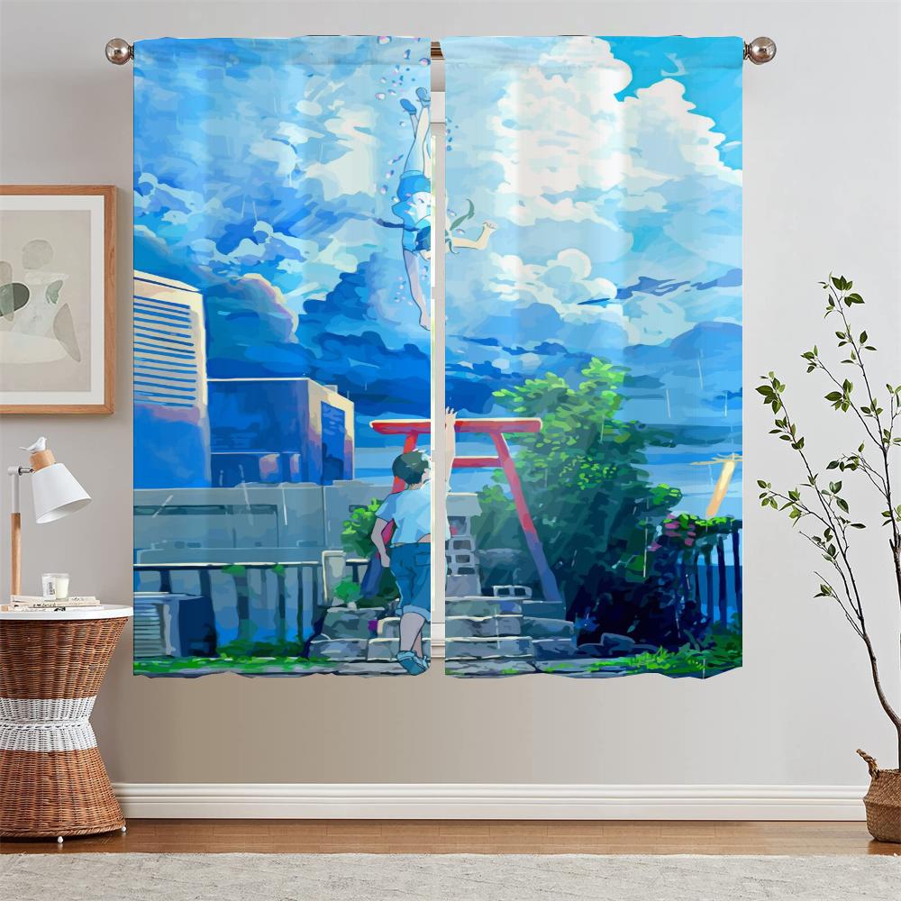 Hayao Miyazaki Modern Living Room Curtains for Camera Blind Blackout Curtain Tiebacks Partition Kitchen Curtains 2 Pcs Set Curls