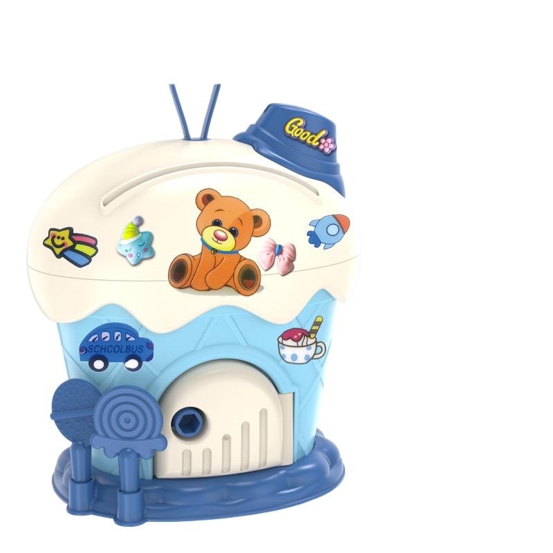 Kids Piggy Bank Cartoon DIY Stickers Ice Cream Hut Piggy Bank Saving Money Box with Keys Kawaii Large Capacity Toy for Kids Gift синий