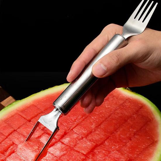 Kráječ na meloun a vidlička Nerezová ocel 2v1 Nástroj na krájení melounu Přenosný Dvouhlavý Kráječ na ovoce na léto Domácí párty Kempování Kuchyně