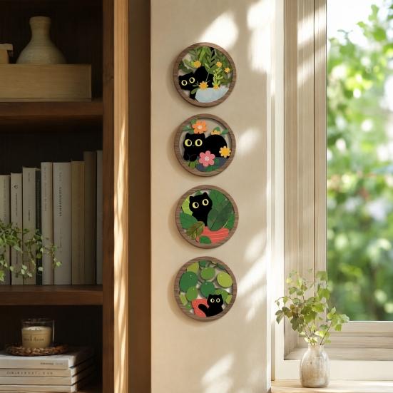 Matte Finish Wood Decoration 4PCS Black Cat Wall Sign, with Warm Grain Texture Art, Scratch-Resistant Natural Art Home Decor, Nordic Retro Style