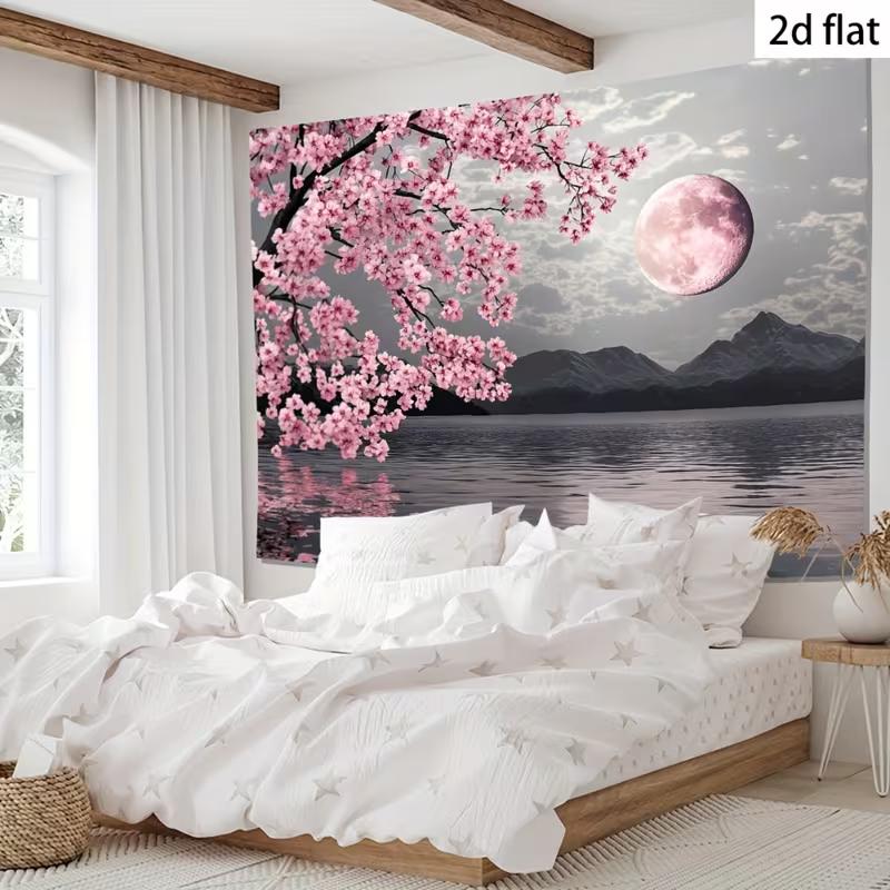 2D Cherry Blossom Full Moon Backdrop Lake Mountain Background