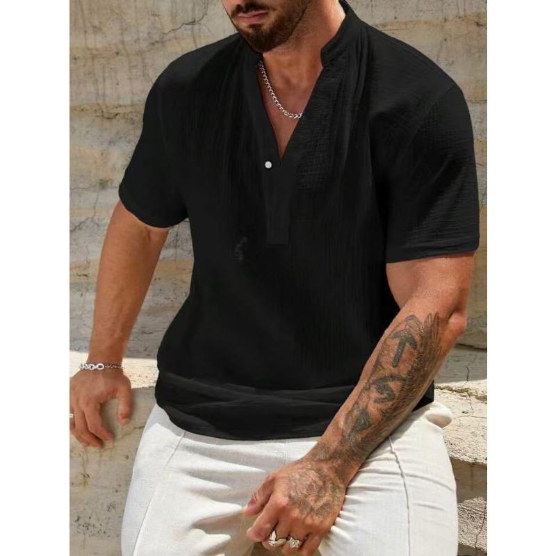 Camisa Texturizada Azul Claro para Hombre con Cuello Alto, Top Henley Casual de Manga Corta, Tejido Transpirable para Verano