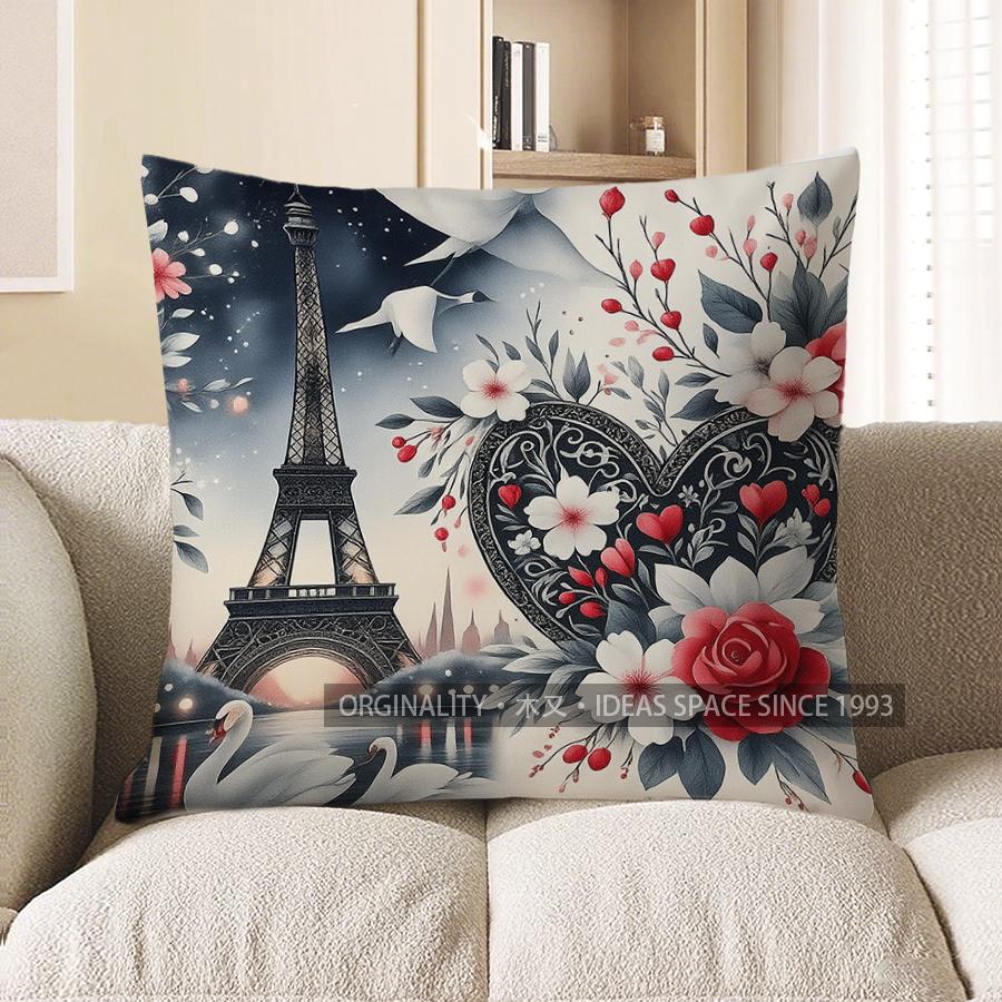 Home Decor Floral Heart With Eiffel Tower Throw Pillow Pattern Cushion Cover Suitable For Sofa Bedroom Car Pillow Cover