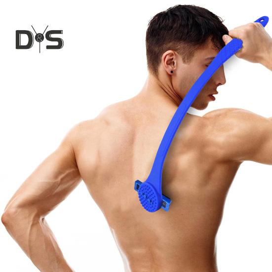 Rasoio per la schiena da uomo 2 in 1 con manico lungo in silicone, scrubber per la schiena, tagliacapelli, ergonomico, manuale, per la rimozione dei peli bagnati e asciutti.