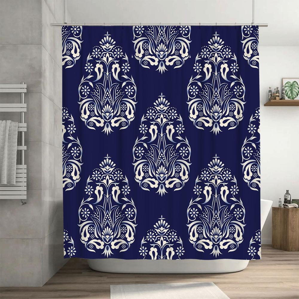 Blue Shower Curtain with White Floral Patterns Bath Decor for Bathroom Waterproof Fabric 72 Long (Set)