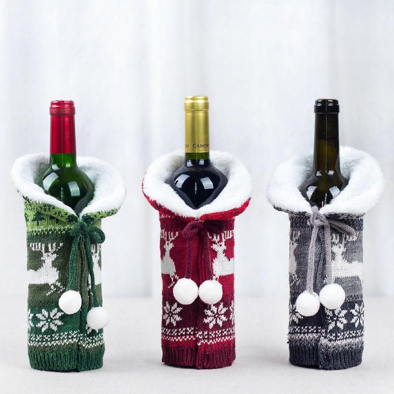 New Christmas Ornaments Plush Knitted Wine Bottle Cover Red Wine Bottle Cap Holiday Home Decoration Wine Cover Set of 3 with Faux Fur Collar