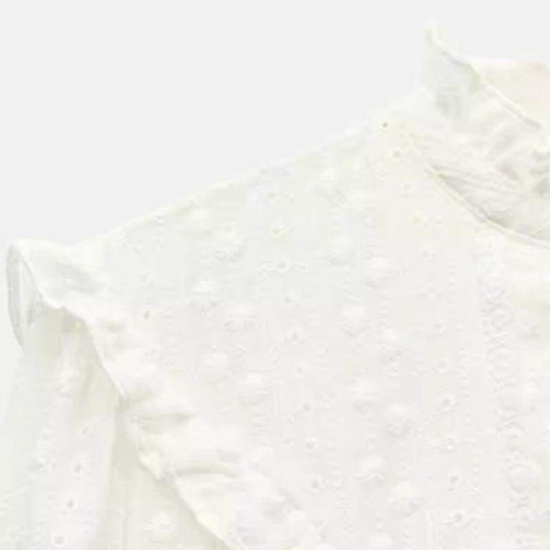 Spring New Women clothes Hollow Embroidery French style Romantic Style Stand Collar White Short sleeve Shirts 4387234