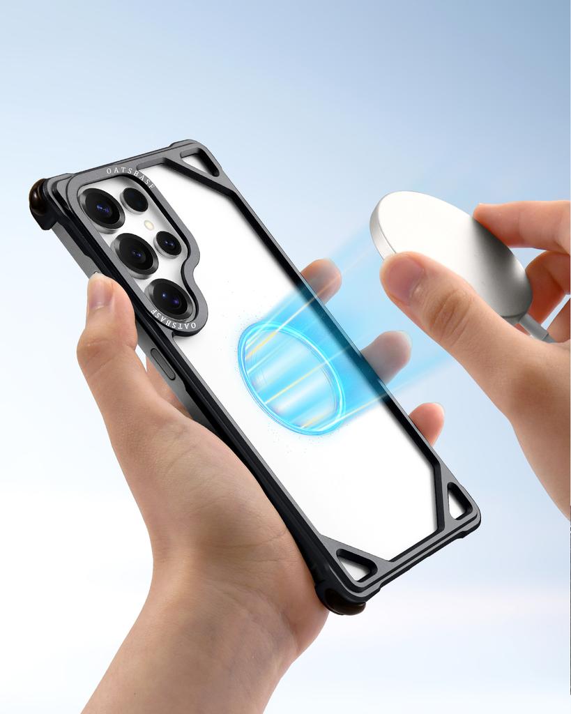 Oatsbasf Bezrámový kovový kryt pro telefon Samsung Galaxy S25 Ultra Minimalistický nárazník Ultra tenký ochranný kryt Bezdrátové nabíjení