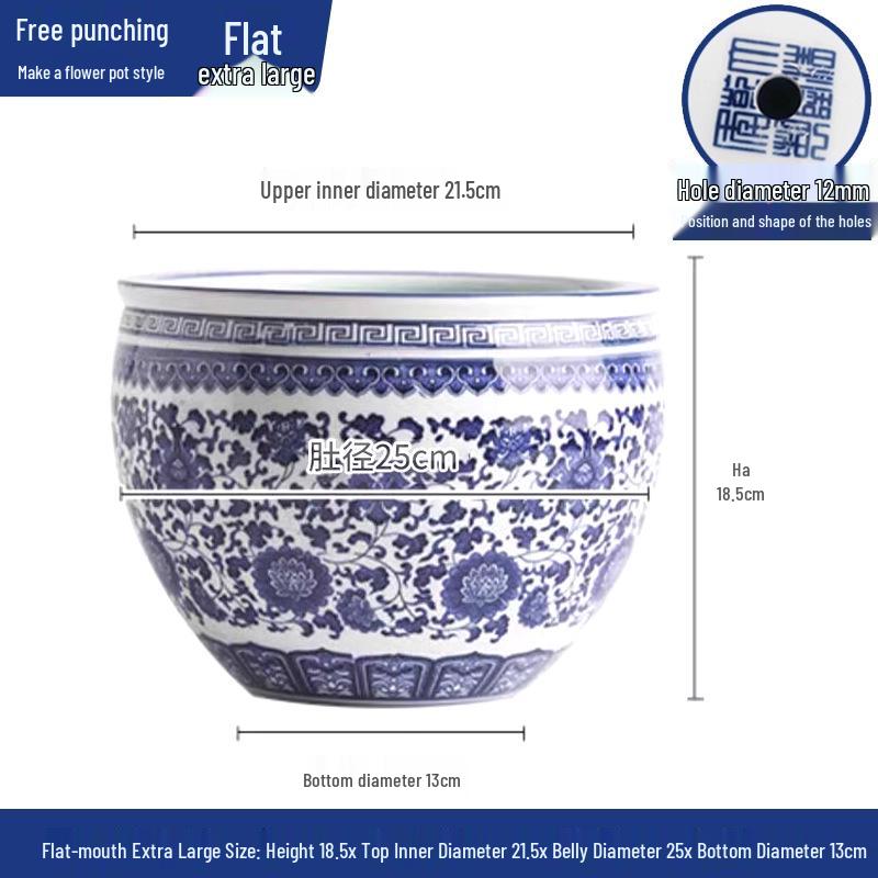 Large Blue and White Porcelain Ceramic Fish Tank for Desktop - Suitable for Goldfish, Turtles, Water Lilies, and Lotus