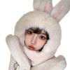 Winter Warm Hat Scarf Integrated Rabbit Ears Cute Plush Gloves Scarf Hooded Windproof Hat Three-Piece Set