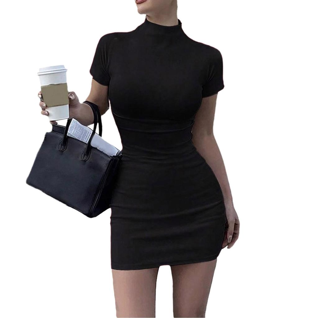 Rochie Scurtă Slim Fit Versatilă cu Temperament, Culoare Solidă la Modă, Guler Înalt, Mâneci Scurte