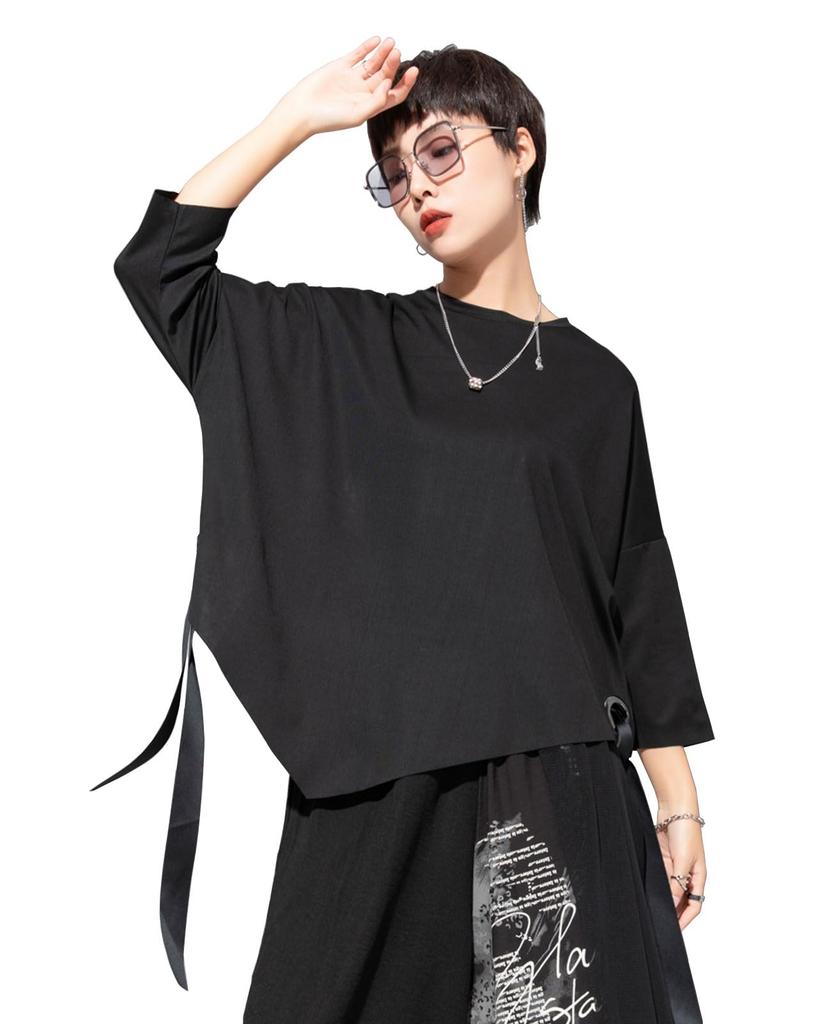 Morino Sleeve with Drop Asymmetrical Ring Loose and Trendy for Spring and Summer Women's 3/4 T-Shirt Shoulder, Design, Fit, Unique, (L, Black)
