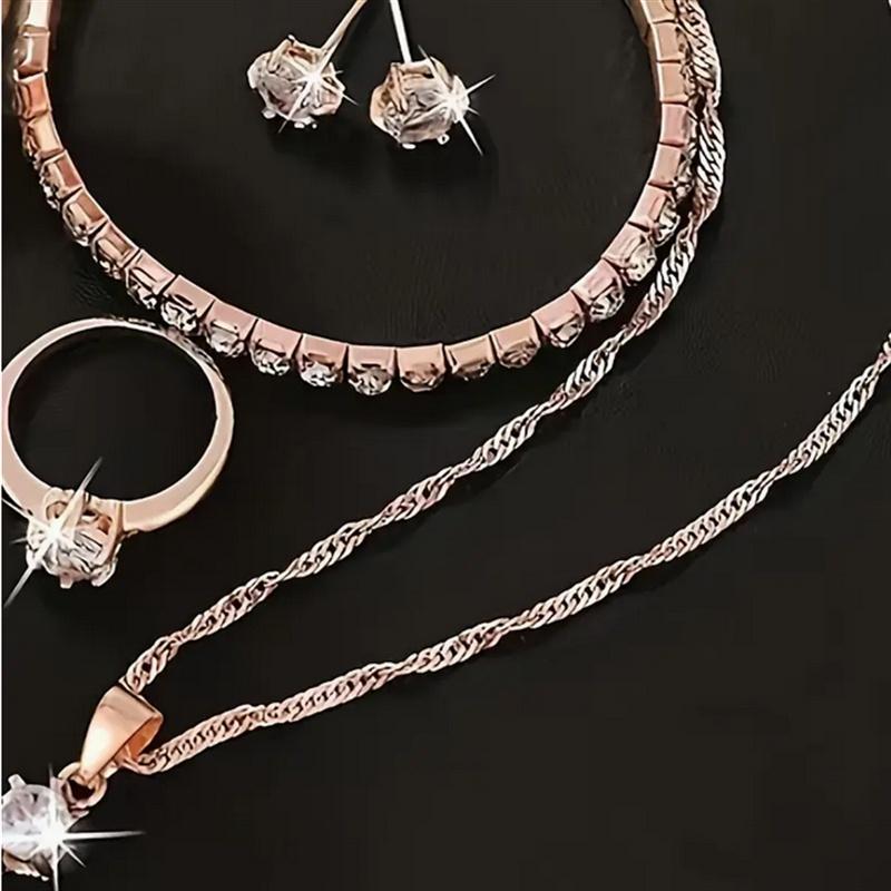 Earrings 5Pcs/Set Vintage Style Rose Golden Jewelry Set And Ring Or As A Gift Elegant Design Bracelet Elegant Romantic Gift Includes Necklace Jewelry