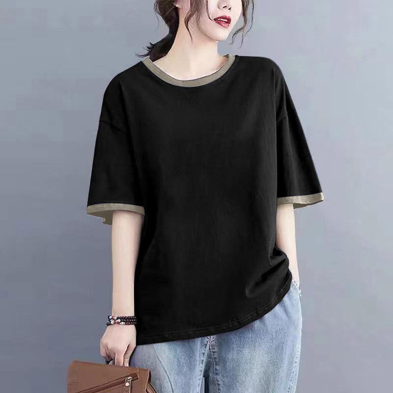 

100% Cotton Short sleeve T-shirt Loose Plus size Inner wear Belly Covering Slimming Korean Style Versatile Summer Patchwork Women Top Black(Solid Color) M(Recommended Within 57.5kg)