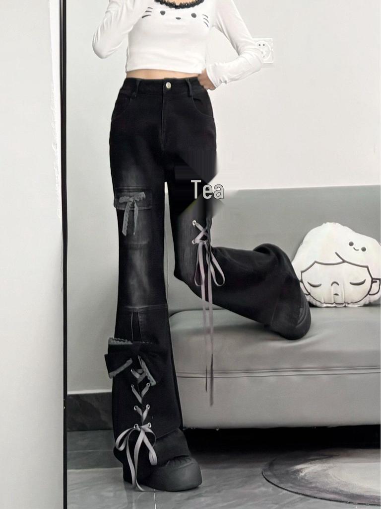 Hot Girl Black Bow Tie Lace-Up Flare Jeans - Women's Micro-Flare Winter Design 2025
