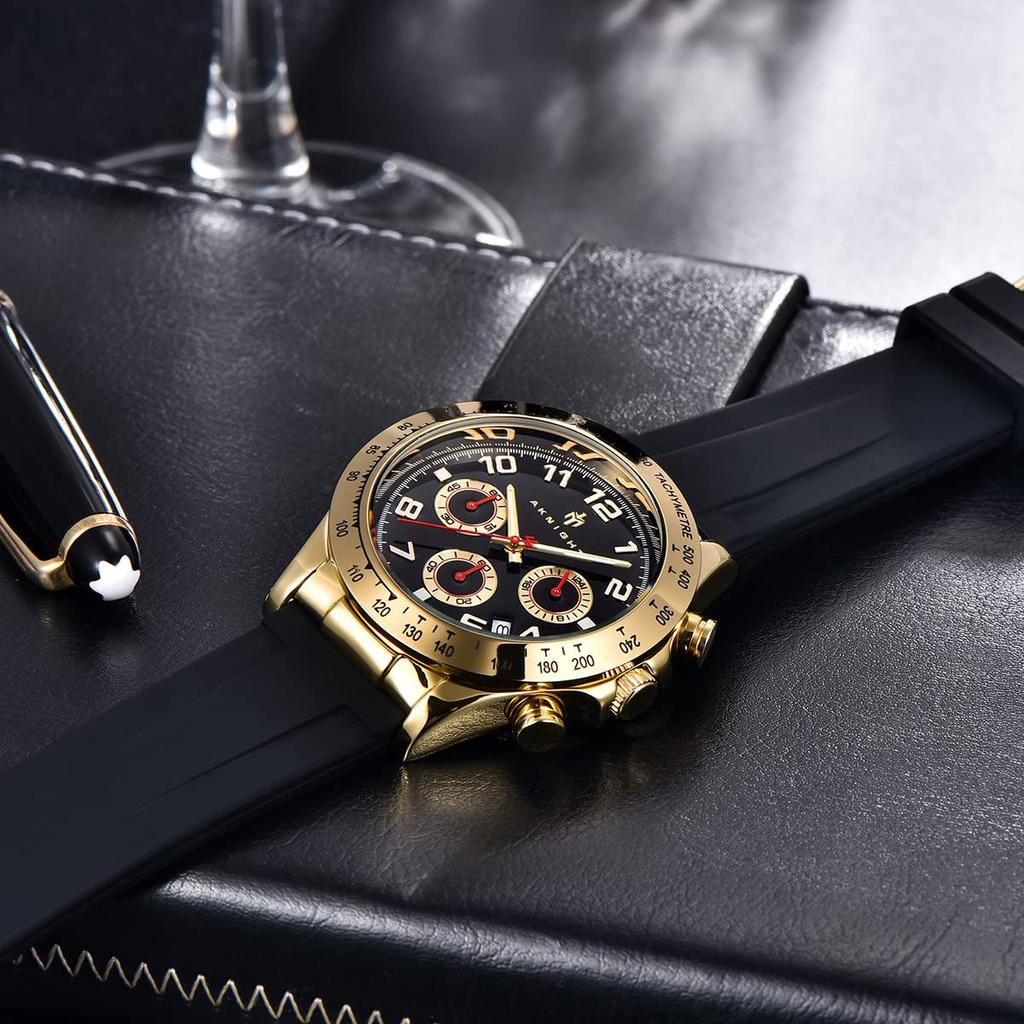 AKNIGHT Stylish and Popular Quartz Watch with Soft Silicone Luminous Analog Date Japanese Instruction Manual Black Men's Watch, Strap, Chronograph,