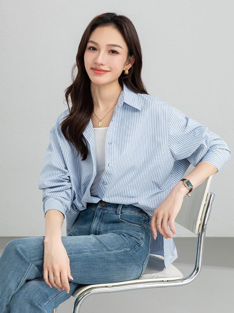 Yi Fei 2026 Spring Women's Striped Cotton Long-Sleeve Shirt: Casual, Versatile, and Slimming
