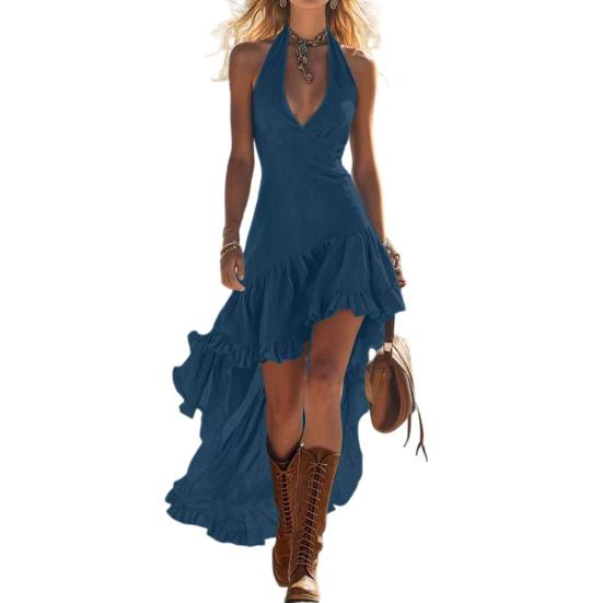 Women's Halter V Ruffle High Flowy Long Neck Sleeveless Dress Low Hem Dress