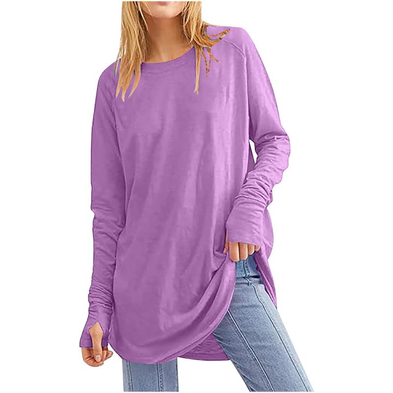 Tops Women’s Solid Color Loose Round Neck Long Sleeve Thumb T-shirt Top Women