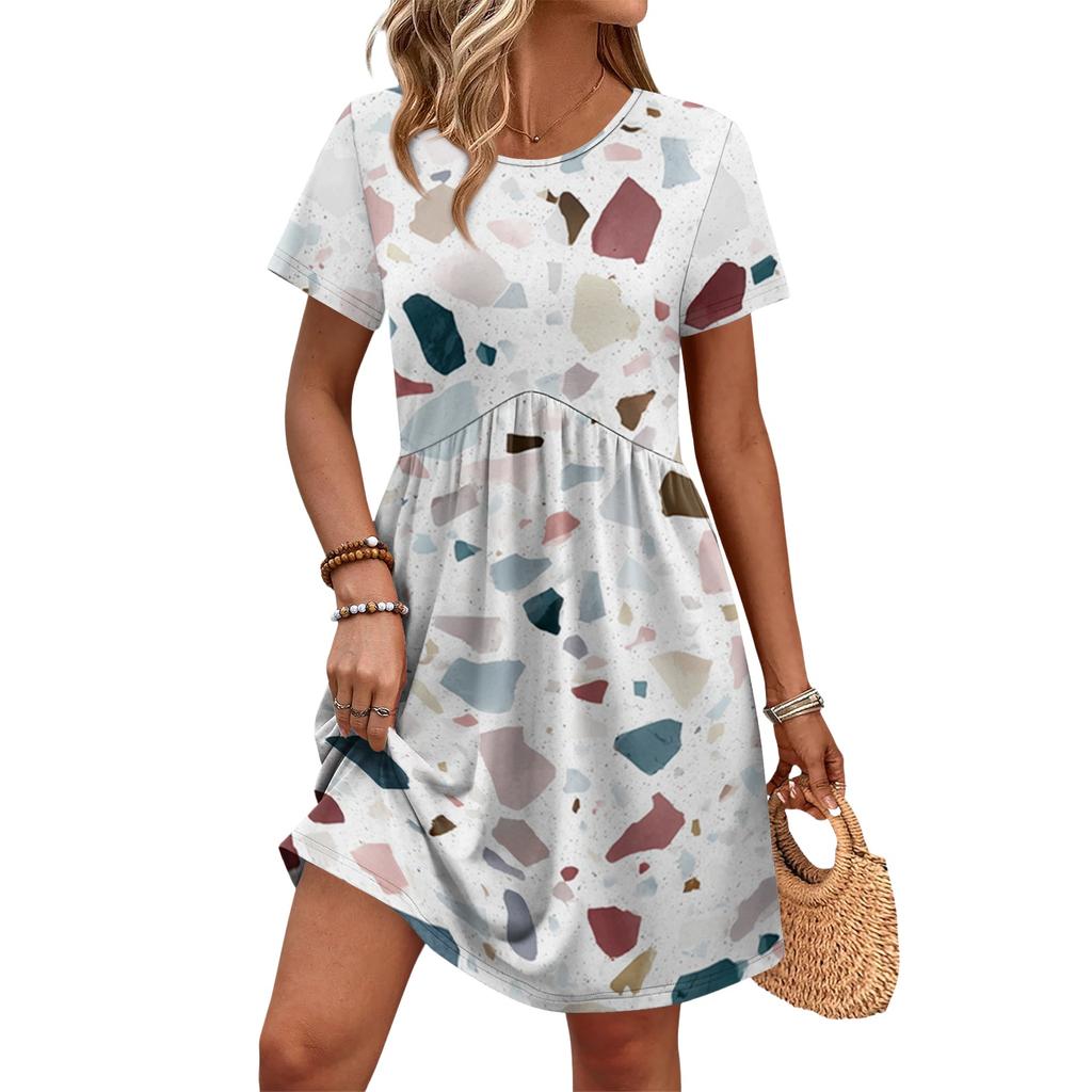Dames Casual Jurk met Korte Mouwen, Bloemenprint, Ronde Hals, Tailleband en Zakken, Relaxte Pasvorm, Zomerjurk