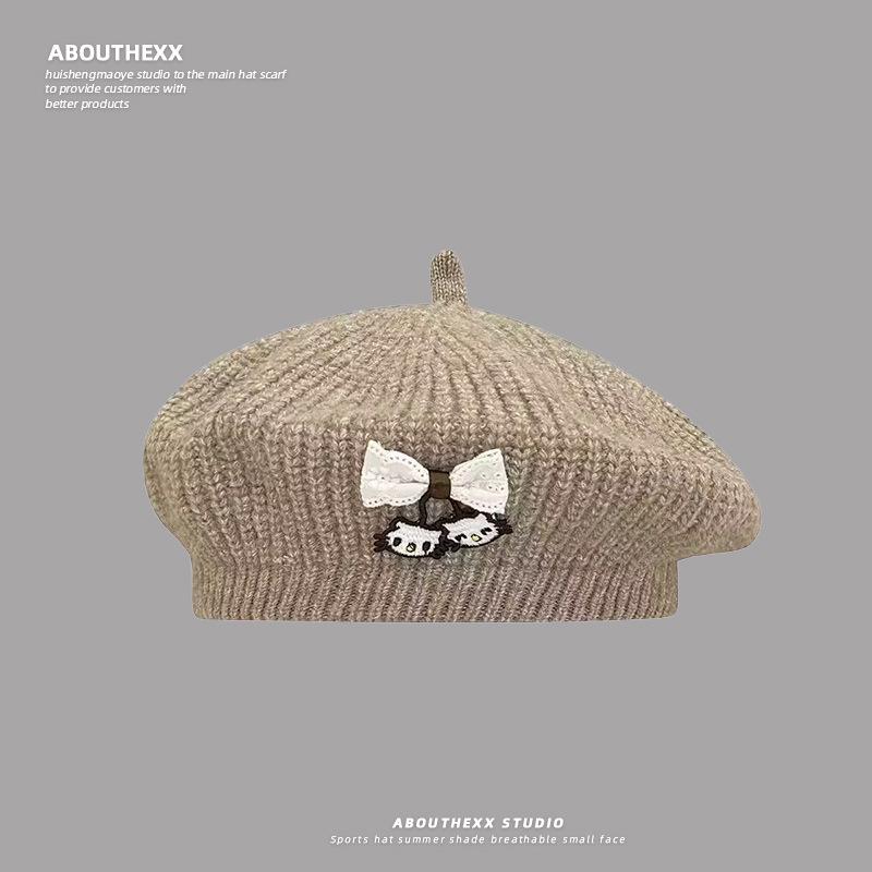 Japanese Cute Cat Knitted Beret Female Artistic Retro All Match Show Face Little Cloud Painter Hat Octagonal Hat
