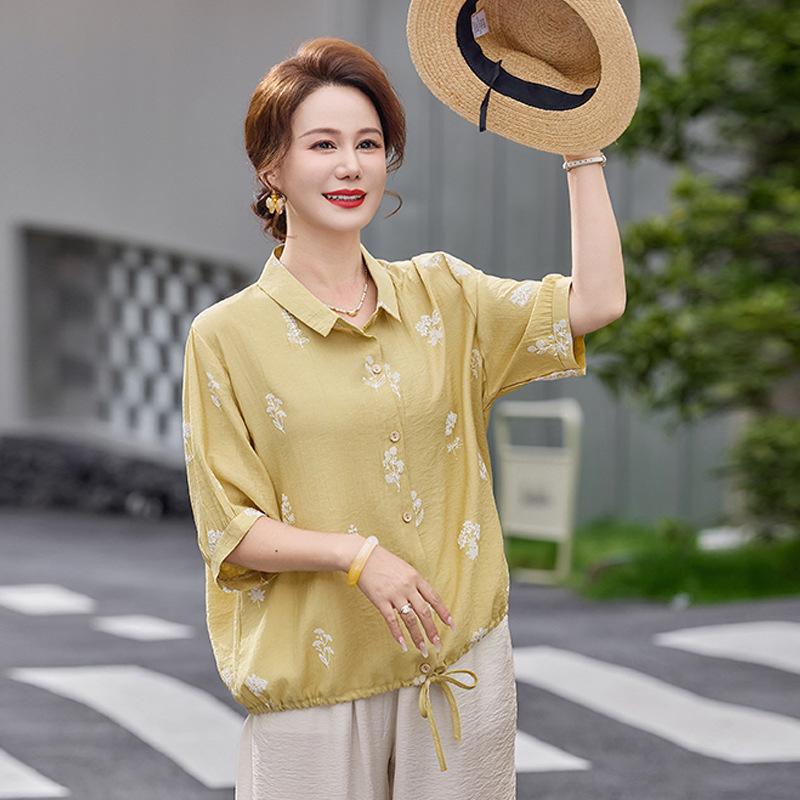 Women's 100% Linen Embroidered Blouse, Stylish & Elegant, Three-Quarter Sleeves, Loose Fit, Slimming, Summer Lightweight.