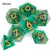 7 Pcs Green Flowing Sand Golden Number Sharp Edge Resin Dice Polyhedral Dice Suitable for Role-Playing RPG Board Game