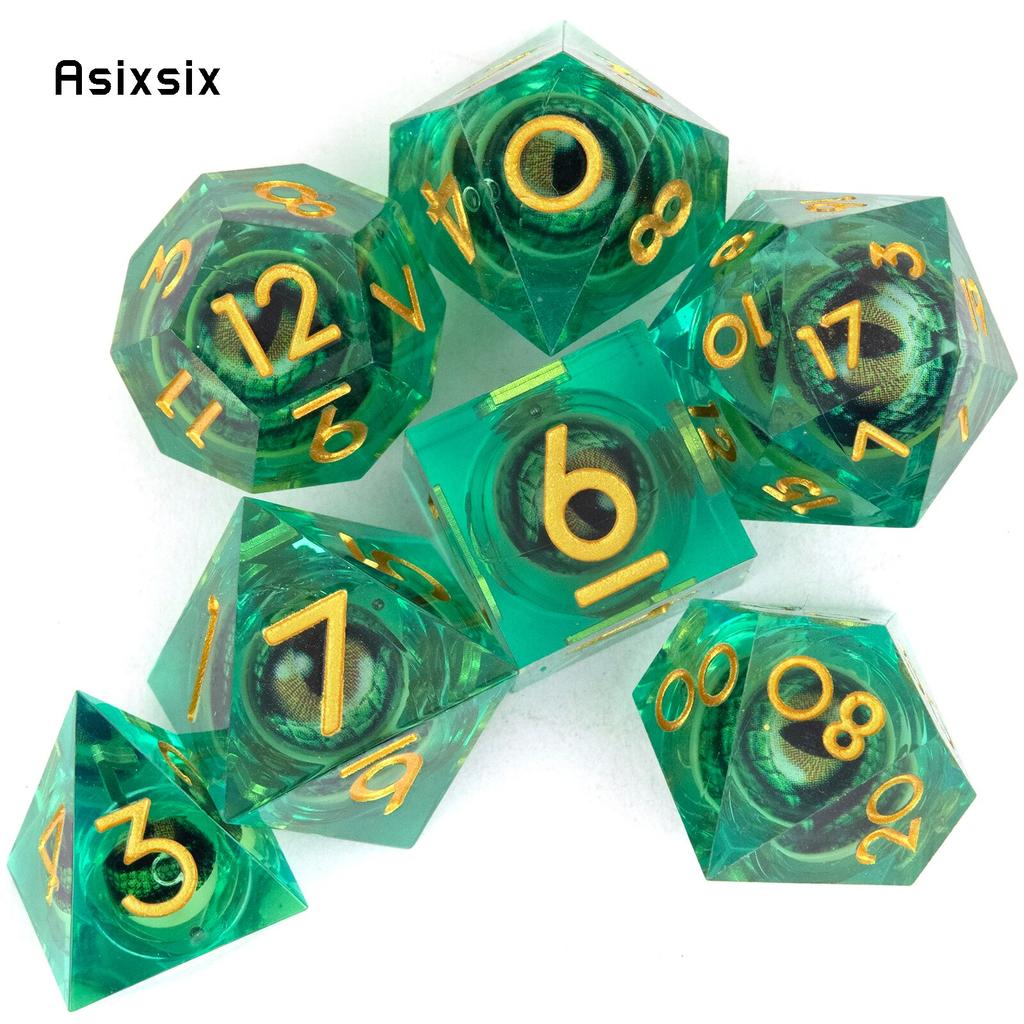 7 Pcs Green Flowing Sand Golden Number Sharp Edge Resin Dice Polyhedral Dice Suitable for Role-Playing RPG Board Game