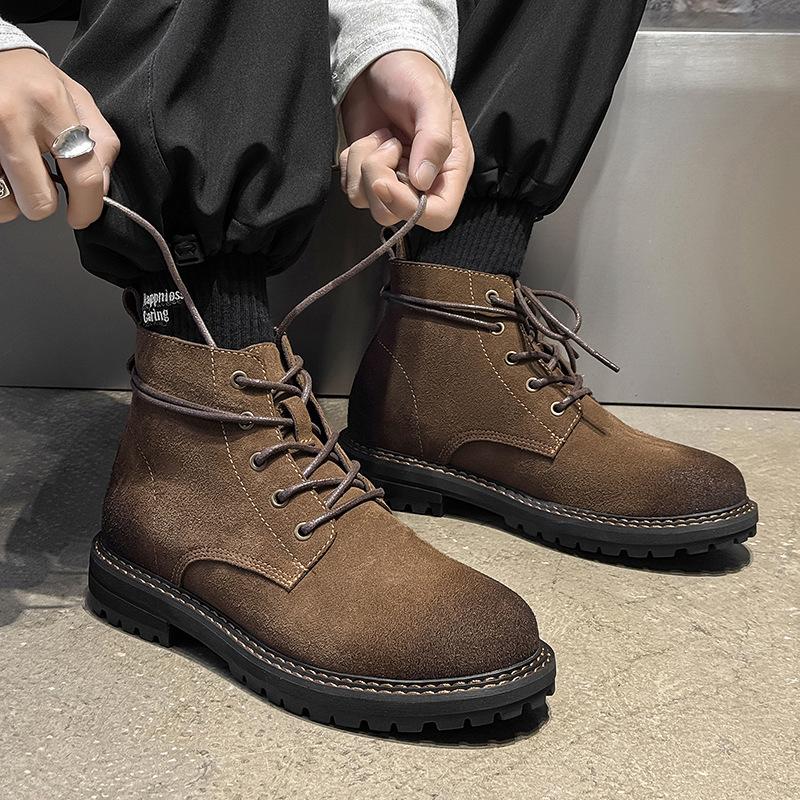Móda 2025 Semišové kotníkové boty pro muže z hovězí kůže, designové boty na platformě v jednobarevném provedení, pánská móda, ležérní retro šněrovací kožené boty pro muže
