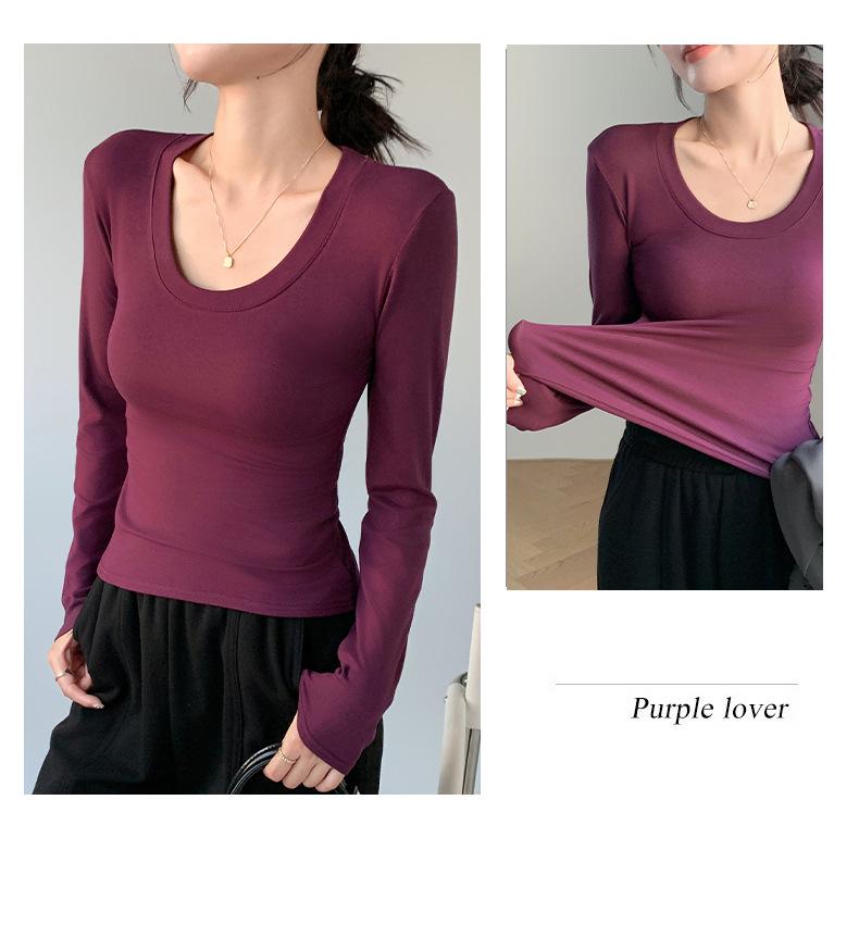 Women's H256 Slim Fit Round Neck Long Sleeve T-Shirt - Versatile Solid Color Base Layer for Spring and Autumn.