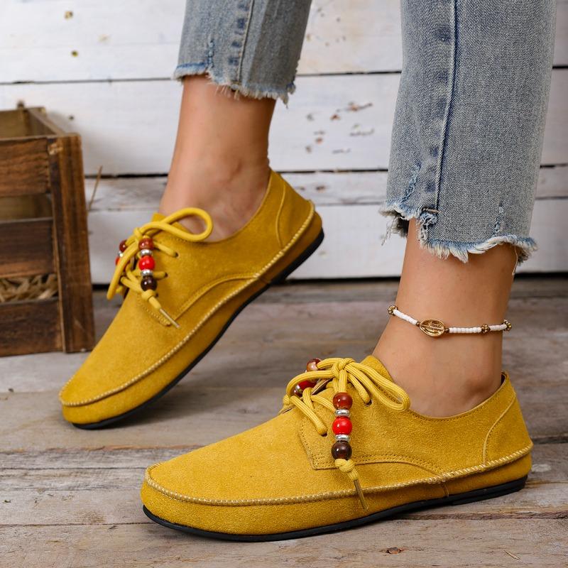 Fashion Women's Single Shoes Round Toe Suede Front Lace-Up Car Stitch Soft Sole Anti-Slip Wear-Resistant Low Heel Shoes