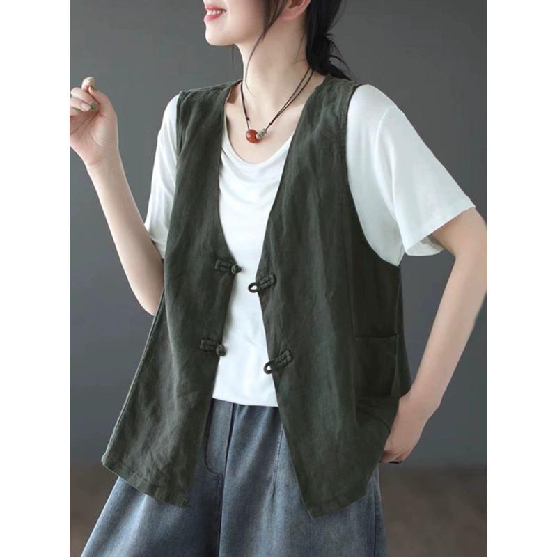 Summer Women's Linen Vest V Neck Frog Button Sleeveless Casual Top