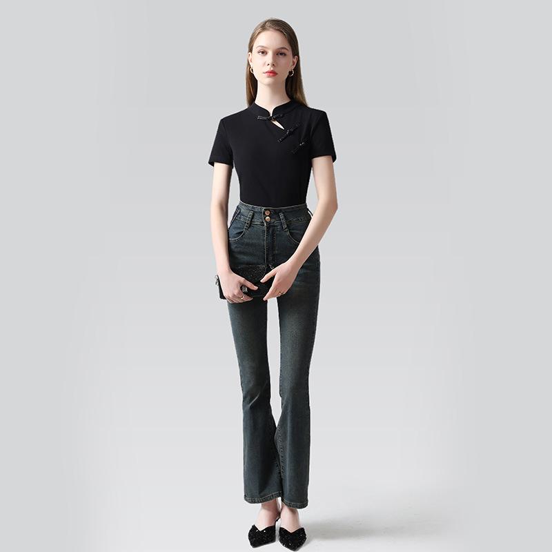 Top nou în stil chinezesc cu fentă asimetrică și guler înalt pentru vară, tricou nou de damă high-end retro în stil chinezesc cu mâneci scurte pentru femei