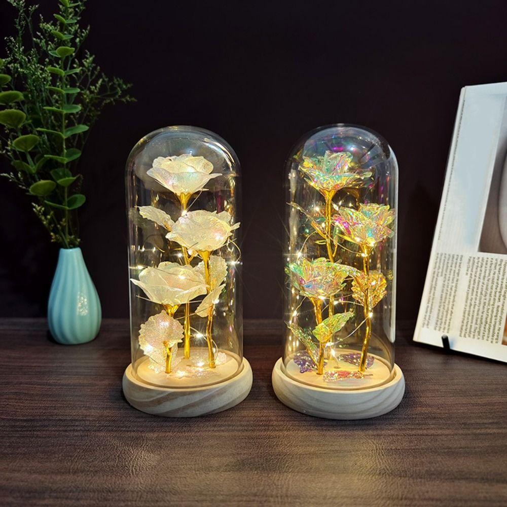 Romantic Artificial Rose Light with Acrylic Cover 3 Heads Rose Light Up Rose Simulation Luminous Eternal Rose Lamp Mothers Day