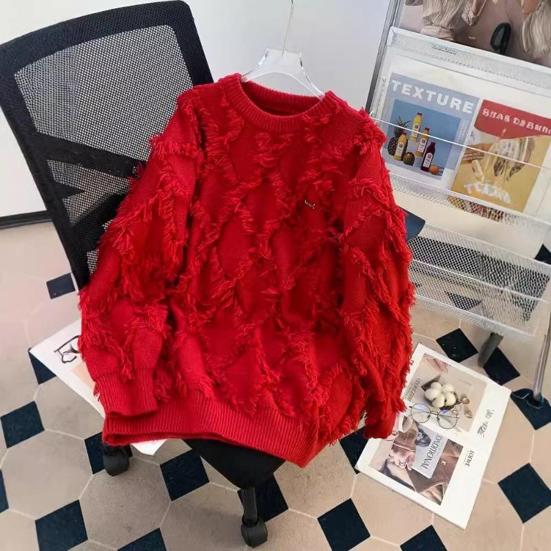 Quastendesign Gestrickter Damenpullover Rundhalsausschnitt Langärmliger Pullover Herbst Winter Locker Einfarbig Damenoberteil