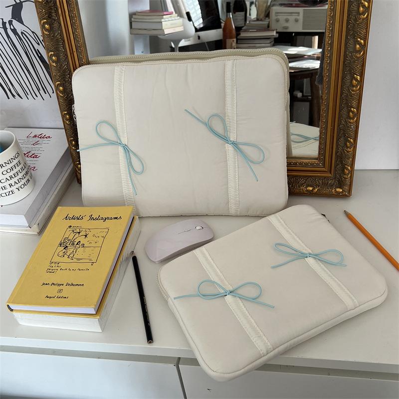 TS JYL laptop bag,Korean INS Bow Quilted Laptop Bag iPad Case Shockproof Sweet Girl