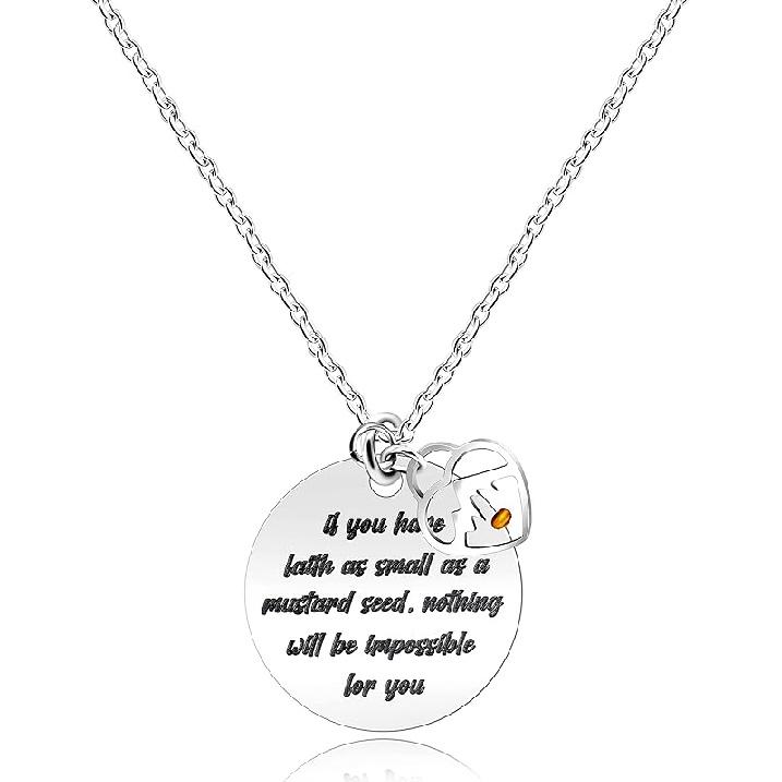 Uloveido Stainless Steel Round Disc Pendant Christian Faith Mustard Seed Bible Scripture Lettering Necklace Religious Gift Heart Mountain