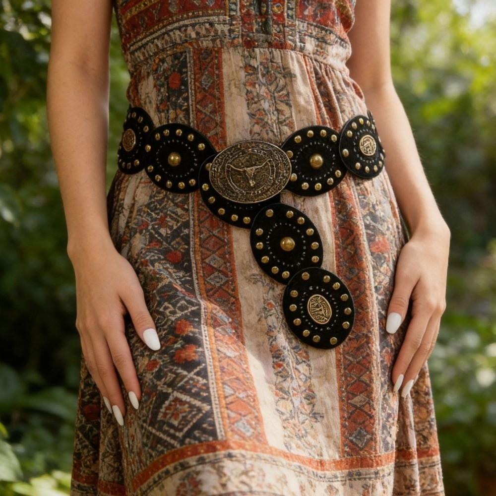 Antique Brass Buckle Western Waist Belt Wide PU Leather Belt Street Style Cowboy Belt Festival
