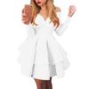 Elegant Women Long Sleeve V Neck Off Shoulder Large Swing Ruffled Hem Mini Dress