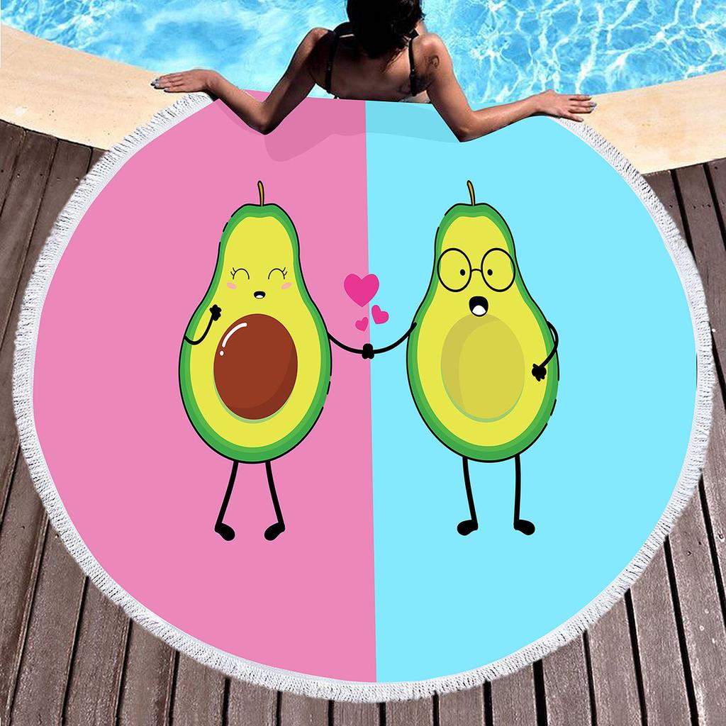 Tropical Fruit Avocado Round Beach Towel Microfiber Boho Round Hawaiian Beach Blanket Sand Proof Circle Swim Towel with Tassels