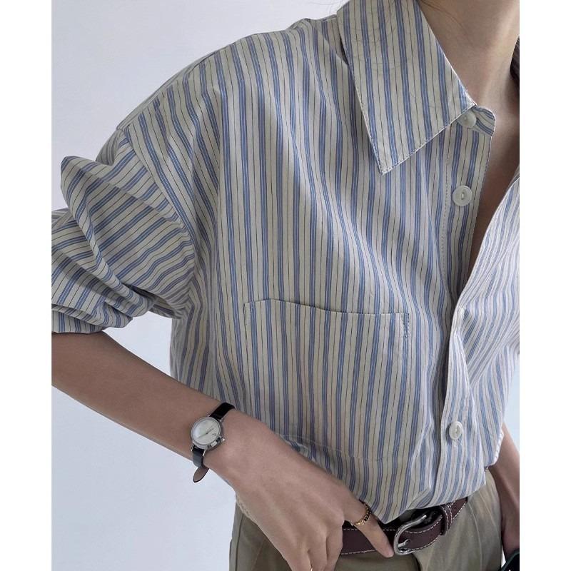 Women Gray Blue Loose Striped Long Sleeve Office Commute Shirt
