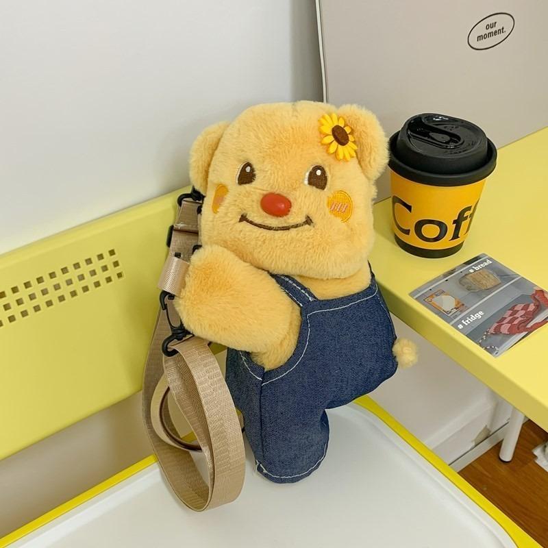 Cute bear backpack, new blue plaid shoulder tote bag, large-capacity casual commuter canvas backpack.