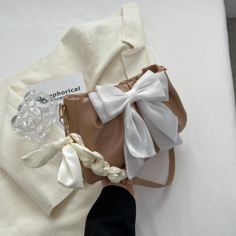Lovely Bow Handbags for Girls Ladies Fashi Pleated Shoulder Bags for Women Simple Design Female Underarm Bag Casual Tote Purse
