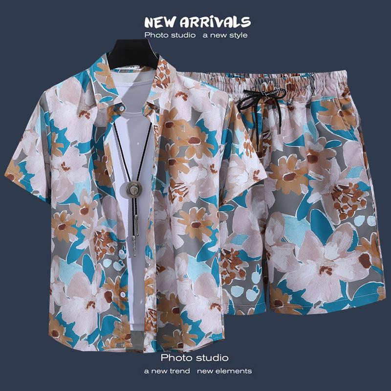 Men's Hawaiian Style Floral Summer Short Sleeve Shirt & Shorts Set