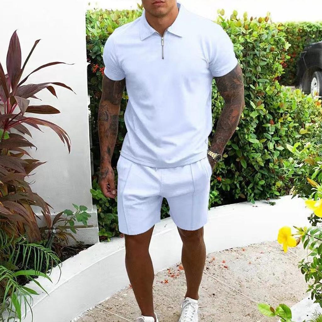 Men’s Short Sleeve Polo Shirt and Shorts Set with Zipper Collar Athletic Fit Casual Two Piece Outfit for Summer Wear