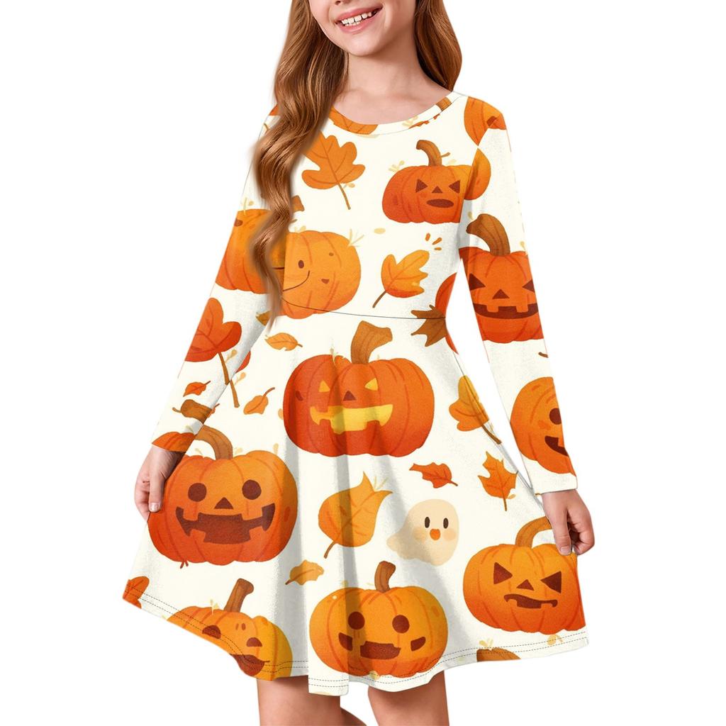 Girls' Summer Princess Dress Halloween Day- Long Sleeve A-Line T-Shirt Dress