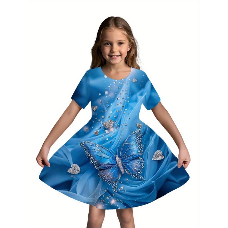 

Bright Blue Butterfly Print Short-Sleeve Dress - Loose-Fit Round Neck -Line Dress with Random Dress Length Suitable for Casual Sports, 110