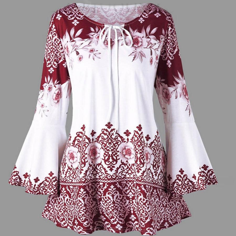 

Осенняя женская футболка с длинным рукавом и круглым вырезом с цветочным принтом больших размеров красный