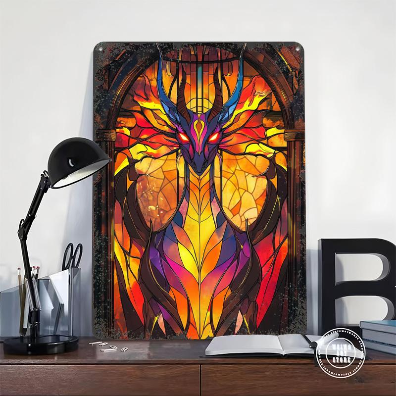 Dragon Stained Glass Tinplate Poster Customized Wall Art Vintage Retro Metal Signs for Garage Decoration Room Office Decor Home