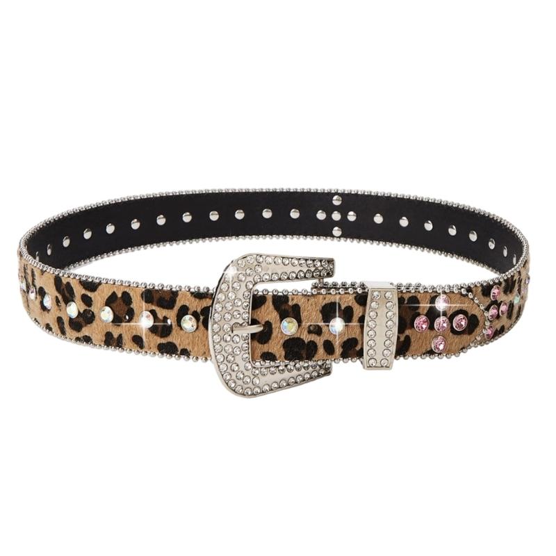 Leopards Print Rhinestones Belt With Pin Buckles for Women and Men Soft PU Adjustable Waistband